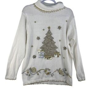 B.P. Design Womens Christmas Tree Sweater Cream Beaded Sequin Mock Neck L FLAWED